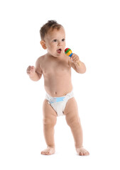 Poster - Little baby boy with rattle on white background