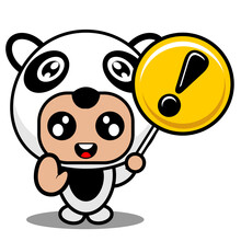 Cartoon Vector Illustration Of Cute Animal Mascot Costume Character Holding A Warning Sign
