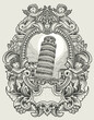 illustration vintage Pisa tower with engraving style