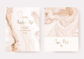 Wall Mural - Luxury marble wedding invitation card design with gold splash texture.