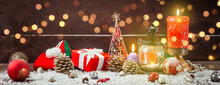 Christmas Lantern On Snowy Table With Festive Decoration.