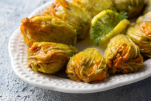 Traditional Delicious Turkish - Greek Cuisine, Turkish Food; Stuffed Zucchini Flowers (Turkish Name; Kabak Cicegi Dolmasi)