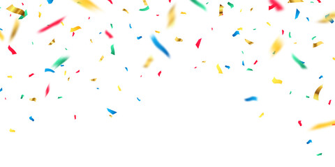 Celebration background template with confetti and colorful ribbons.