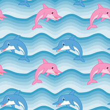 Dolphins Seamless Pattern, Sea Stars, Sea Life, Whales, Ship, Anchors And Ship Steering Wheel, Vector Illustration.