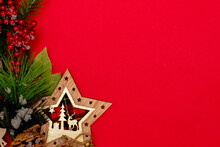 Christmass Flatlay Christmas Spruce Branch And Christmas Star Decor