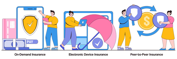 On demand insurance, electronic device insurance, peer to peer insurance concept with people character. Services ordering, financial protection, risk sharing abstract vector illustration set