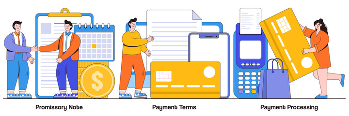 Poster - Promissory note, payment terms, payment processing concept with people character. Money loan contract, exchange bill, online banking service, cash withdrawal abstract vector illustration set