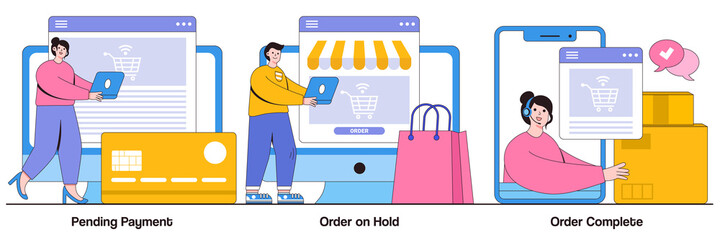 Poster - Pending payment, order on hold, order complete concept with people character. Electronic payment system, internet shopping, commercial business abstract vector illustration set