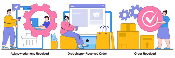 Poster - Acknowledgment received, drop shipper receives order, order received concept with people character. Customer support, express delivery service, transportation business vector illustration set