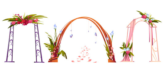 Wedding arches decorated with flowers, leaves, crystals and textile. Decoration for marriage ceremony with floral design, bridal archways isolated on white background, Cartoon vector illustration