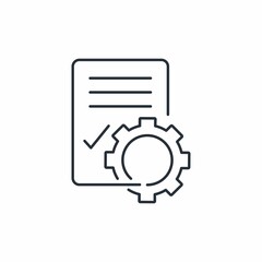 Gear and document. Technical support  list, сontrol file. Software development concept. Vector linear icon isolated on white background.