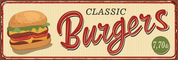 Wall Mural - Vintage Burgers metal sign.Retro poster 1950s style.