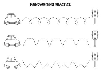 Canvas Print - Tracing lines with cartoon cars and traffic lights. Writing practice.