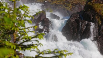 Norway, Langfoss Waterfall, Langfossen, Etne Municipality, Vestland