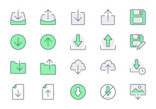 Download Line Icons. Vector Illustration Include Icon - Upload, Cloud Storage, Folder, Arrow, Document, Diskette, Floppy Disk Outline Pictogram For Web Button. Green Color, Editable Stroke