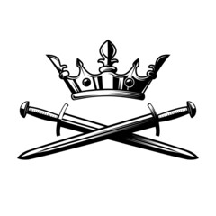 Wall Mural - Illustration of king crown and crossed swords in monochrome style. Design element for logo, emblem, sign, poster, t shirt. Vector illustration