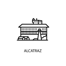 Alcatraz, San Francisco Bay, California, U.S. Outline Illustration In Vector. Logotype
