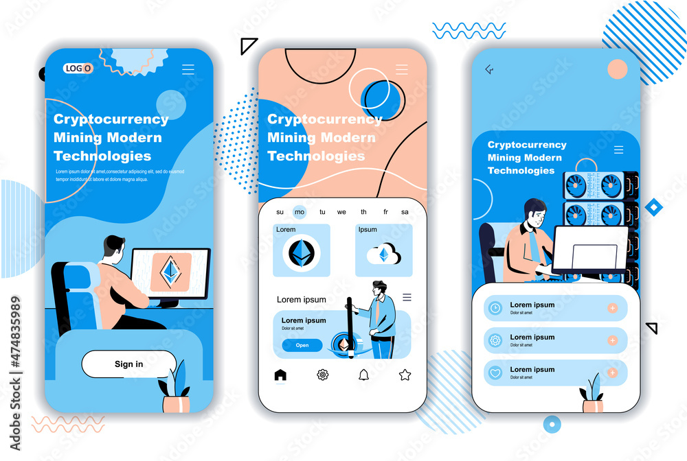 Cryptocurrency mining concept onboarding screens for mobile app ...