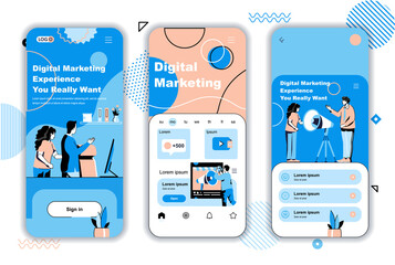 Poster - Digital marketing concept onboarding screens for mobile app templates. Content management, advertising campaign. UI, UX, GUI user interface kit with people scenes for web design. Vector illustration