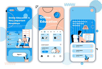 Poster - Online education concept onboarding screens for mobile app templates. Video courses, e-learning, distance study. UI, UX, GUI user interface kit with people scenes for web design. Vector illustration