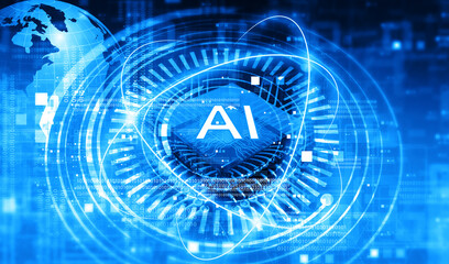 Poster - Artificial Intelligence Concept. AI research. AI Learning and Machine learning..3d illustration.