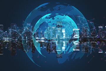 Poster - Creative glowing globe with polygonal connections on blurry blue night city background. Big data, futuristic world and business concept.