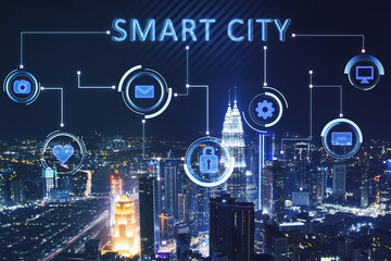 Poster - Creative glowing night smart city background with interface and downtown. Technology, innovation and urbanization concept. Double exposure.