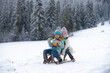 © Volodymyr - Boy and girl sledding in a snowy forest. Outdoor winter kids fun for Christmas and New Year. Children enjoying a sleigh ride. New Year wallpaper, Christmas greeting card.