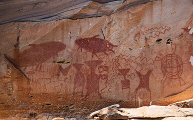 Prehistoric paintings in the cave at Pha Taem National  park Ubon Ratchathani province, Thailand.