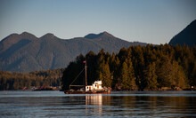Tug Boat Sailing Along Coastline, Anchor, Tofino, Vancouver Island, Vancouver, British Columbia, Canada