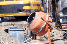 Portable Cement Mixer On A Heavy Construction Site.