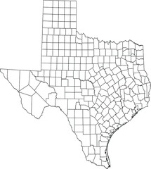 Wall Mural - White blank vector administrative map of the Federal State of Texas, USA with black borders of its counties