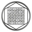 Order six magic square, a symbol, assigned to the astrological Sun, with the magic constant 111. A magic square with the numbers 1 to 36. The sum of the numbers in any direction is always 111. Vector.