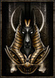 Egyptian God - Jackal close-up against the background of a stone slab with cracks and hieroglyphs. Anubis - Guardian of the scales on the trial Osiris in the kingdom of the dead in a golden armor.