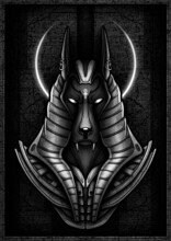 Head Of A Dark Jackal - Guardian Of The Scales On The Trial Osiris In The Kingdom Of The Dead. Ancient Egyptian God - Anubis Close-up Against The Background Of A Stone Slab With Cracks And Hieroglyphs