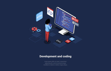 Poster - Development And Coding Vector Illustration In Cartoon 3D Style On Dark Background. Conceptual Isometric Design. Process Of Programming, Modern Profession. Making Of Program Or Mobile Applications
