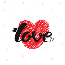 Black Love Font Over Red Scribble Heart On White Background.