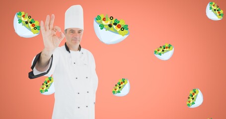 Sticker - Composition of male chef showing ok sign with food vector over orange background