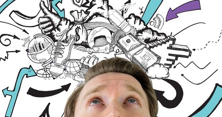 Poster - Digital composite of man looking at scattered arrow symbols over various objects