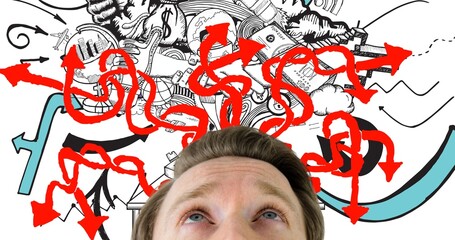 Poster - Digital composite of man looking at scattered red arrow symbols over various objects