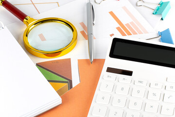 Poster - Diagrams graphs and calculator,magnifier and pen. Business concept