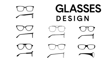 Canvas Print - Vector isolated Illustration of a Glasses Frame Set. Set of Black glasses Frame Front and Side View