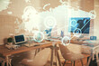 © peshkova - Double exposure of social network theme drawing and office interior background. Concept of web.