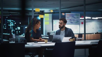 Poster - Businesspeople in Modern Office: Business Meeting of Two Managers. Female CEO and Art Director Talk, Discuss, Brainstorm Corporate Branding, Implementing Marketing and Financial Plans. Evening Time.