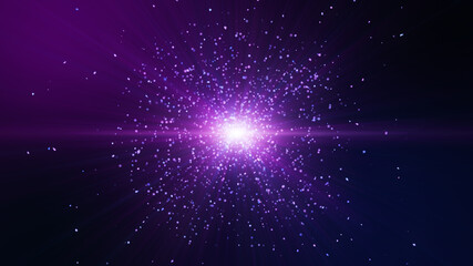 Wall Mural - Glow pink purple blue particles glittering explosion, light ray beam effect.