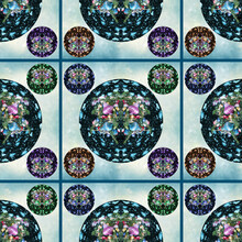 Seamless Geometric Pattern With Christmas Balls On A Fractal Background. Square Framing