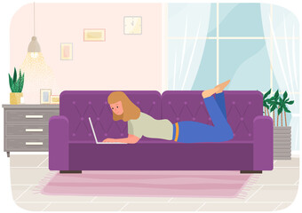 Poster - Distance learning, freelance and internet entertainment. Woman lying with laptop on couch at home. Remote work, online home freelancing, programming. Online communication, internet surfing concept