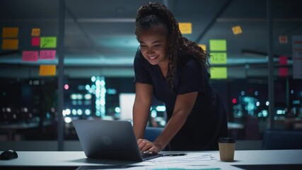 Sticker - Successful Confident Innovative CEO Working on Laptop Computer in Big City Office Late in the Evening. Businesswoman Preparing for a Meeting Discussion with Investment Partners in Conference Room.