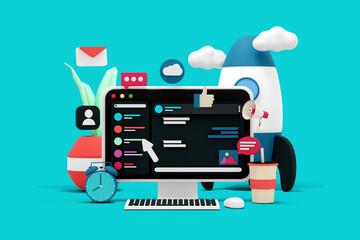 3d render social media concept with desktop computer background illustration