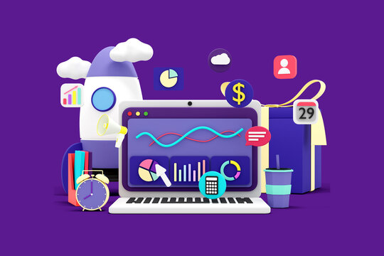 3d render data analysis concept with laptop background illustration